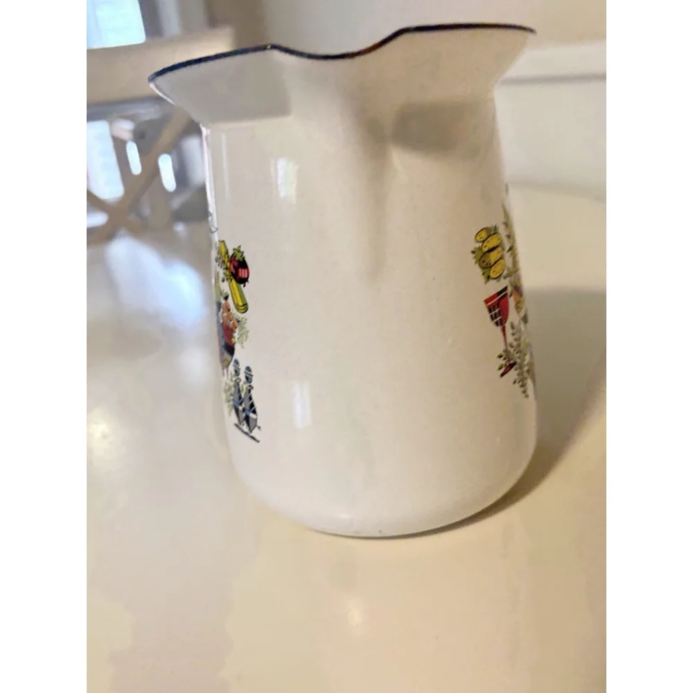 Vintage Enamelware Pitcher Folk Art Fruit Mid Century Farmhouse Kitchen Jug